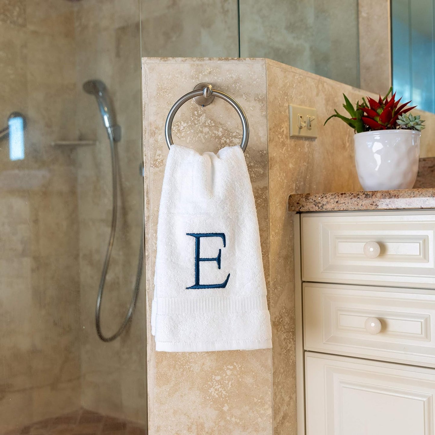 White with Navy Monogrammed Hand Towels for Bathroom - Set of 2 Letter E | Luxury Hotel Quality Initial Towels For