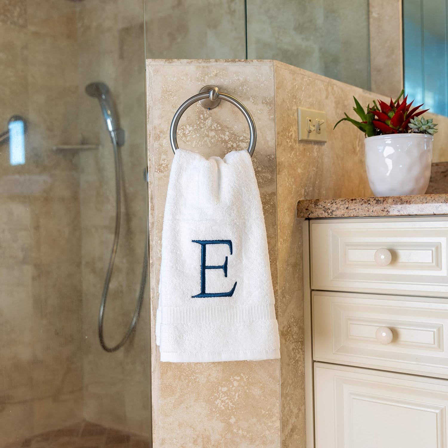 White with Navy Monogrammed Hand Towels for Bathroom - Set of 2 Letter E | Luxury Hotel Quality Initial Towels For