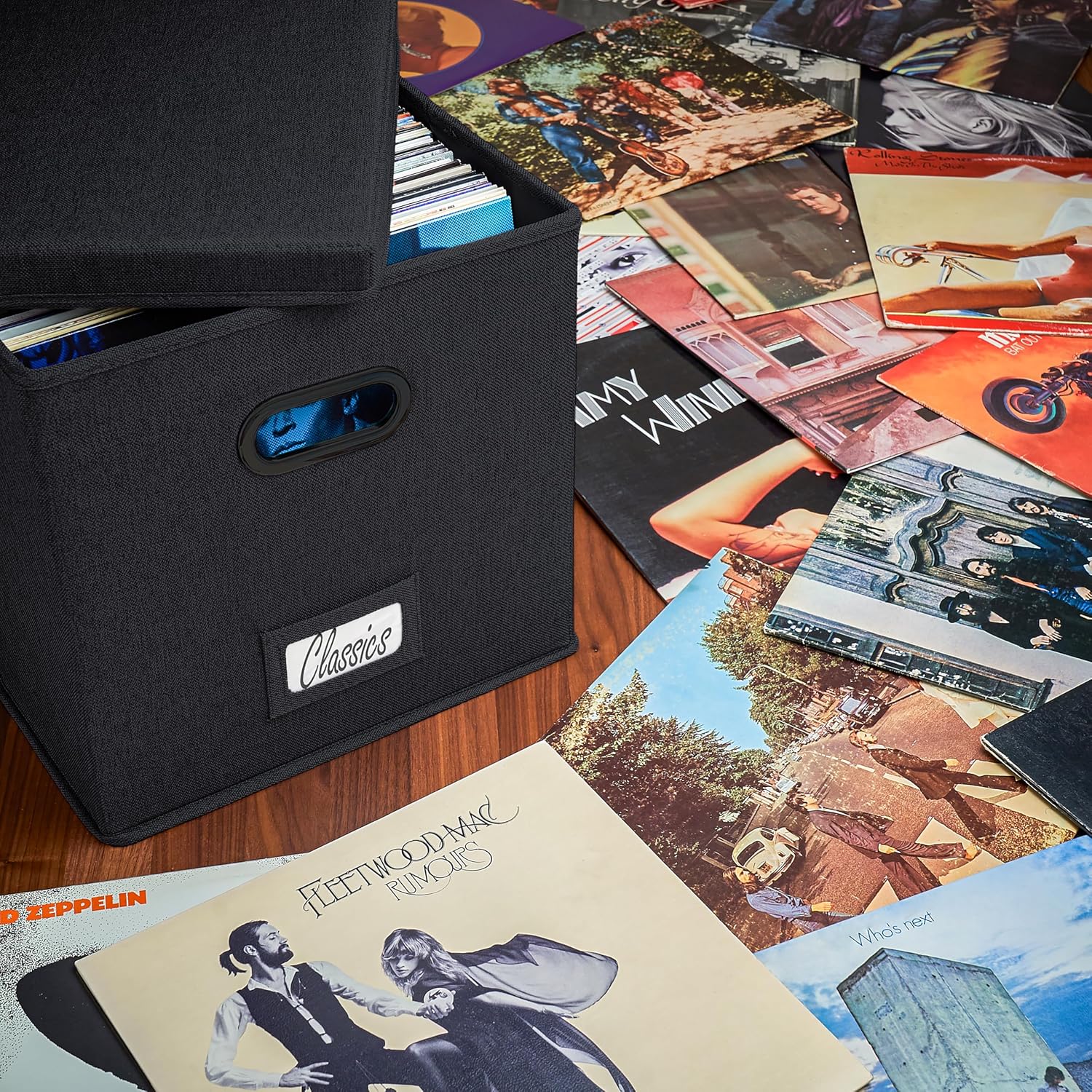 Decorative Vinyl Record Storage Box for 50+ Single Records - LP Holder | Sturdy and Easy to Carry Crate with Lid - The