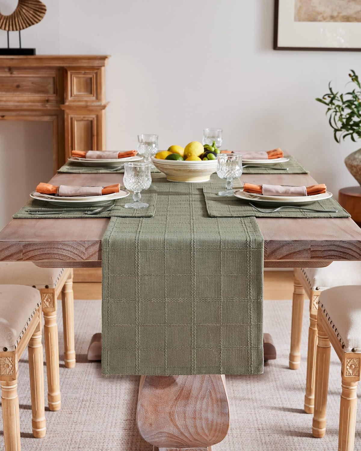 Linen Checked Farmhouse Placemats Set of 6, Olive 13x19in | Double Layer, Reversible, Thick Textured Table Mats, Raised