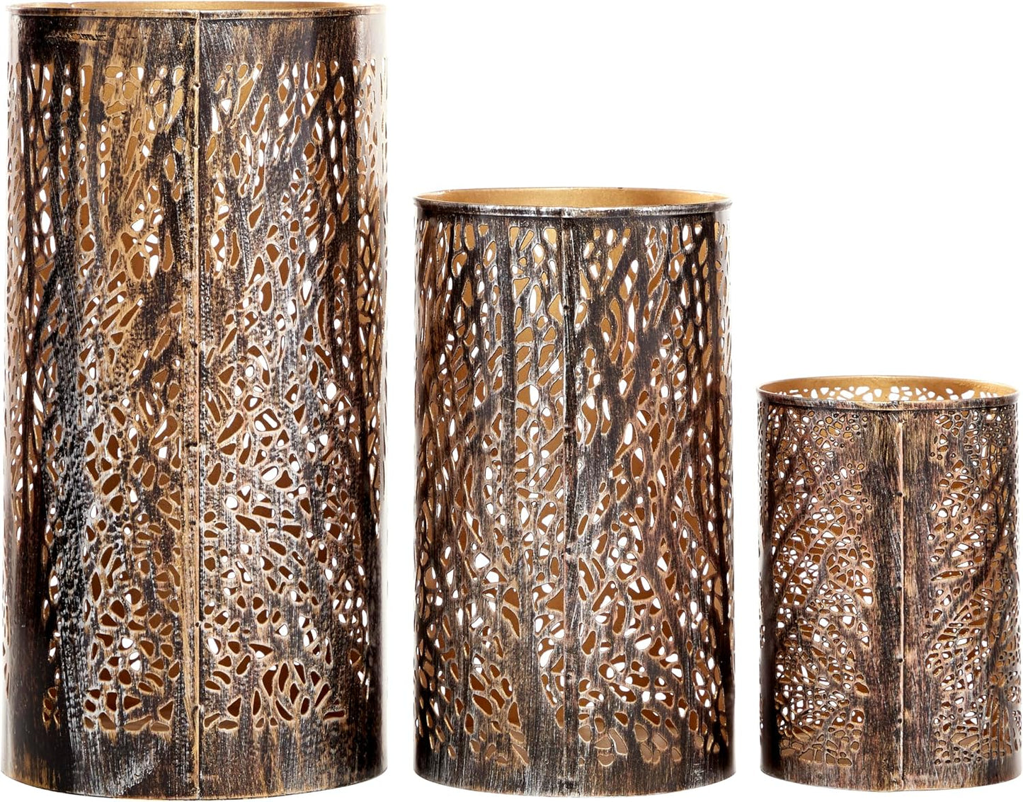 Deco 79 Metal Indoor Outdoor Candle Lantern 12", 9", 5"H, Brushed Bronze | Elevate tabletops, metal candle holder set