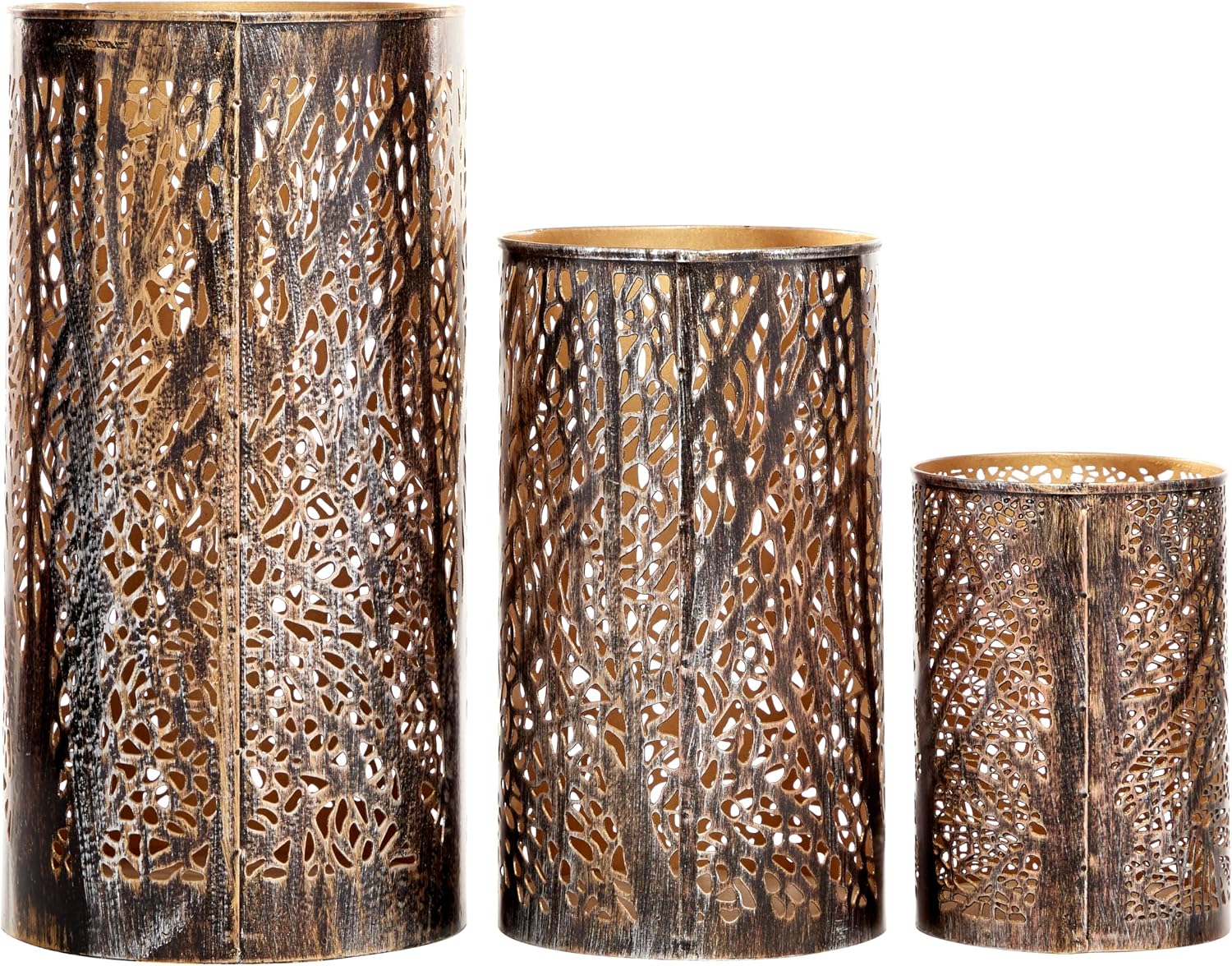 Deco 79 Metal Indoor Outdoor Candle Lantern 12", 9", 5"H, Brushed Bronze | Elevate tabletops, metal candle holder set