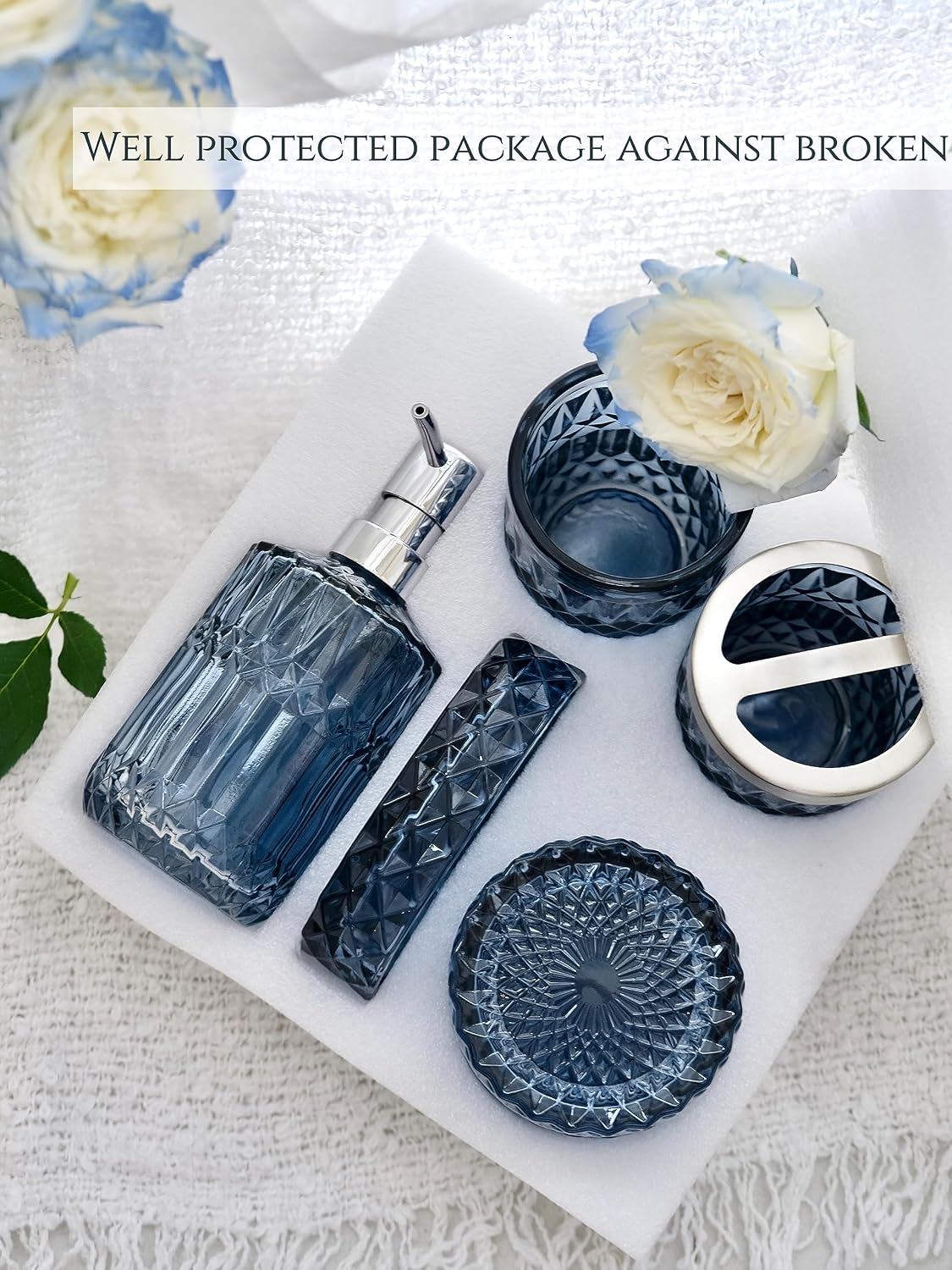 LaMarriti Blue Bathroom Accessories Set, 5Pcs Clear Glass Bathroom Accessories, Hand Soap Dispenser, Soap Dish