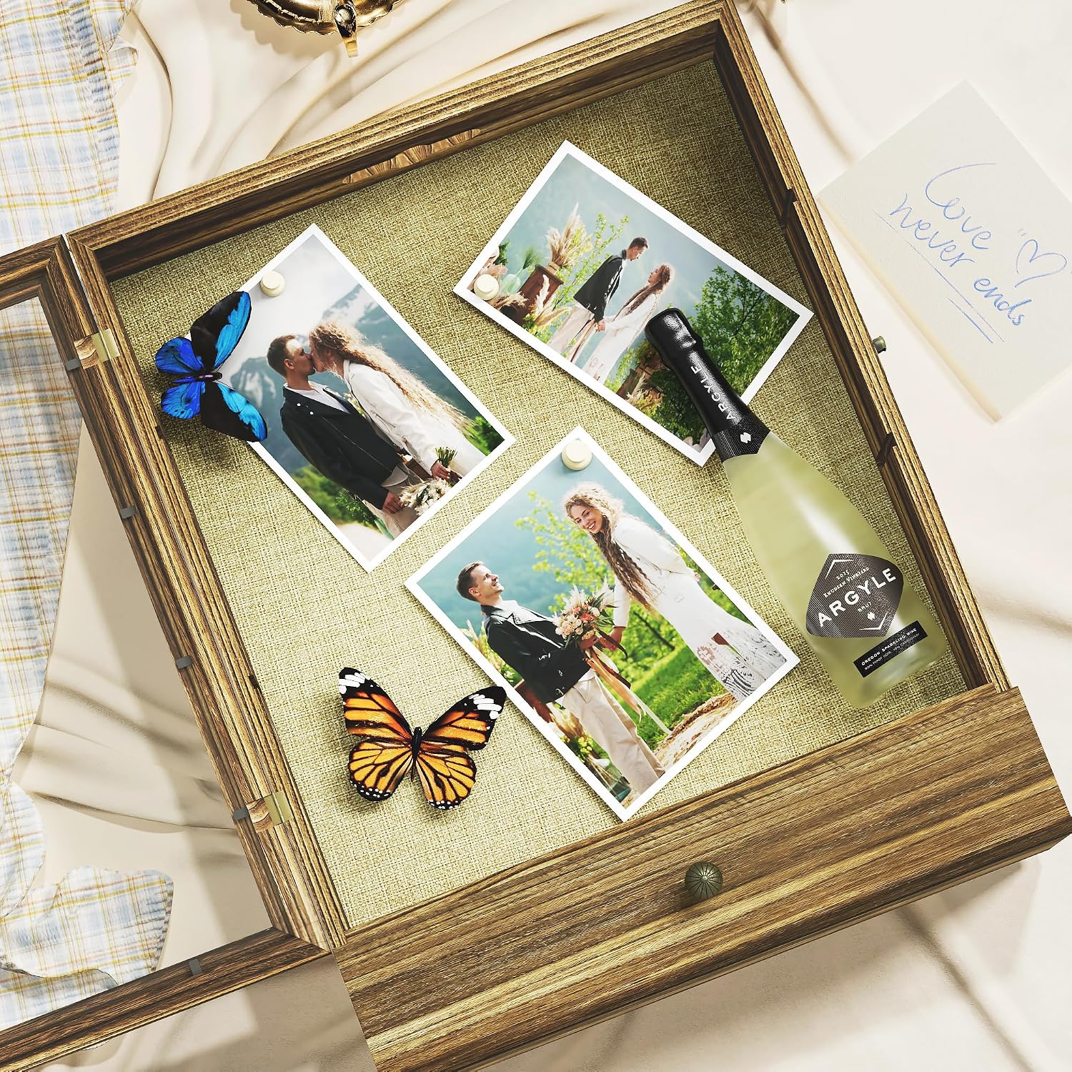 16x20 Brown Solid Wood Shadow Box Display Case, 3.1" Deep | Linen Back, Removable Shelves & Drawers, Display Flowers