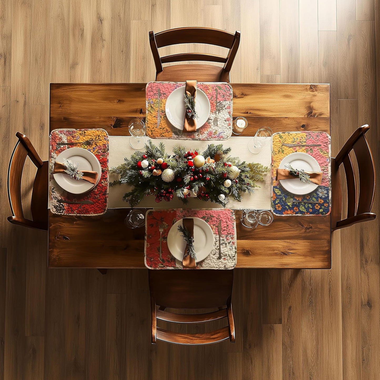 4-Piece Floral Patchwork Quilted Placemats, Original | 13 x 19 inch, reversible quilted cotton, four distinctive