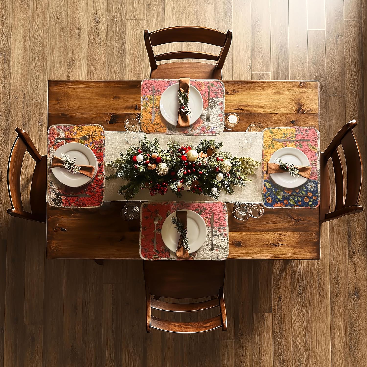 4-Piece Floral Patchwork Quilted Placemats, Original | 13 x 19 inch, reversible quilted cotton, four distinctive