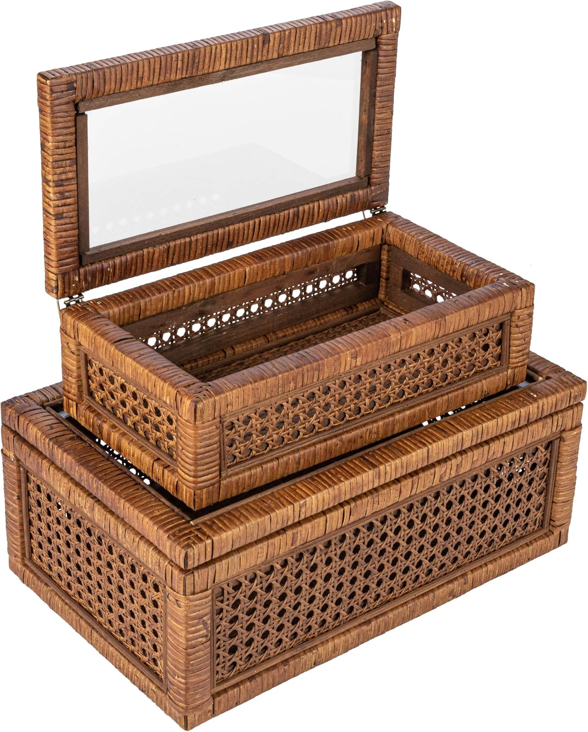 Modern Decorative Rectangle Woven Rattan and Wood Display / Dark Brown / Rectangular / Set of 2