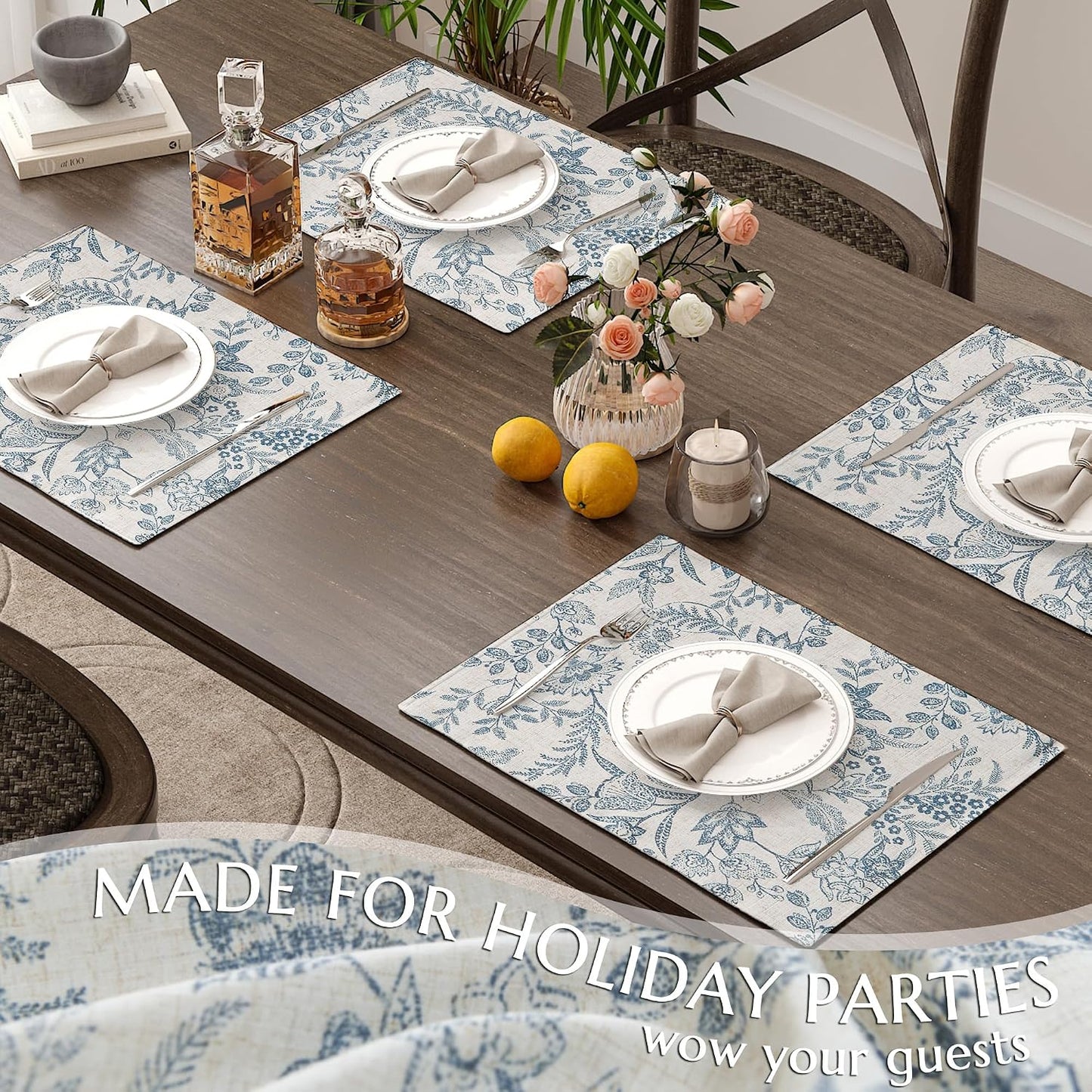 JINCHAN Linen Floral Placemats Set of 4 Farmhouse 13x19 Inch Blue | Fabric Placemats, Cottage Style, Vintage Botanical