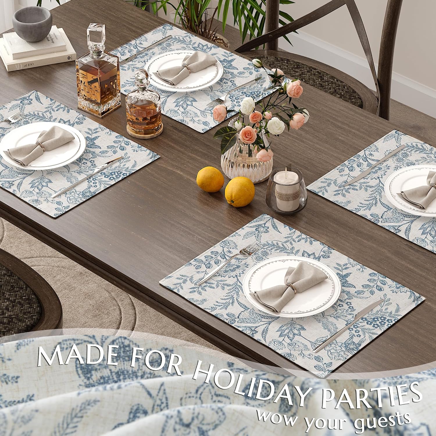 JINCHAN Linen Floral Placemats Set of 4 Farmhouse 13x19 Inch Blue | Fabric Placemats, Cottage Style, Vintage Botanical