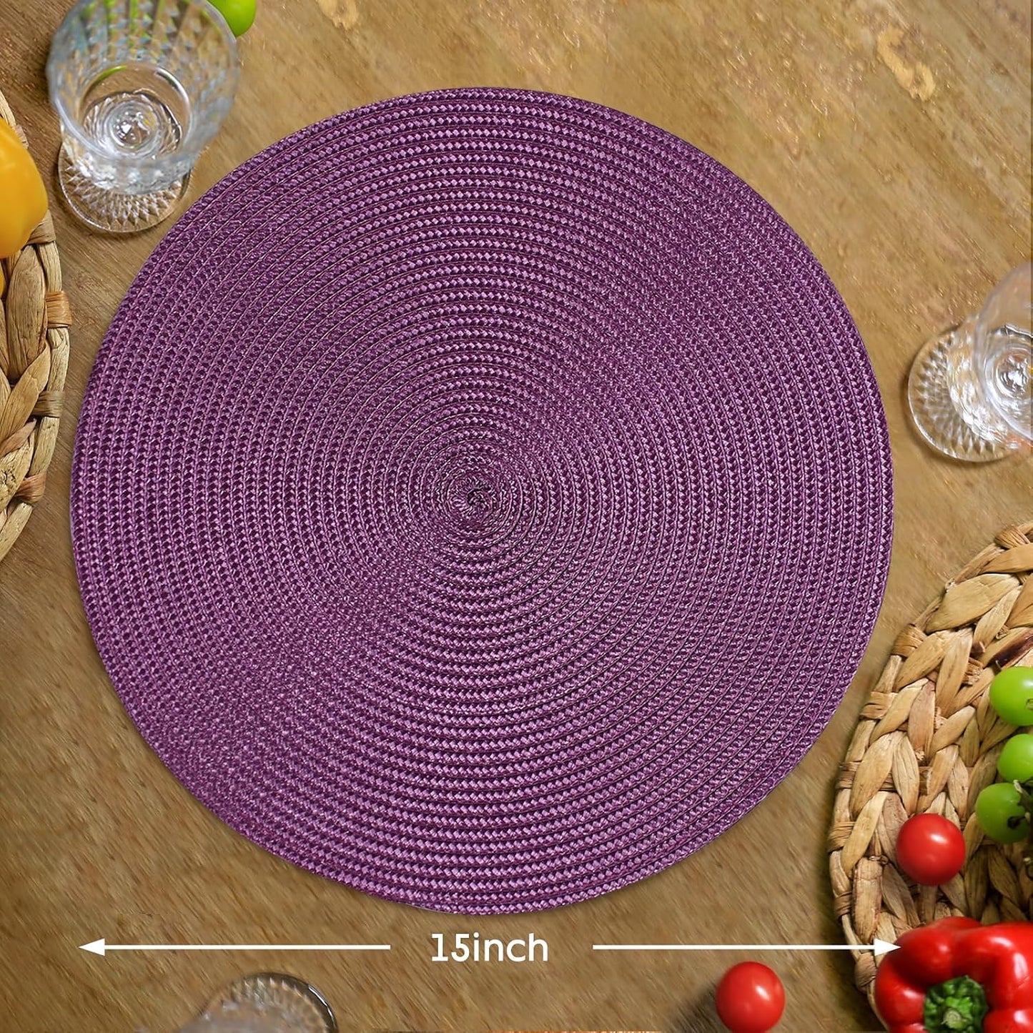 FunWheat Round Braided Placemats Set of 8 Table Mats for Dining Tables Woven Washable Non-Slip Place mats 15