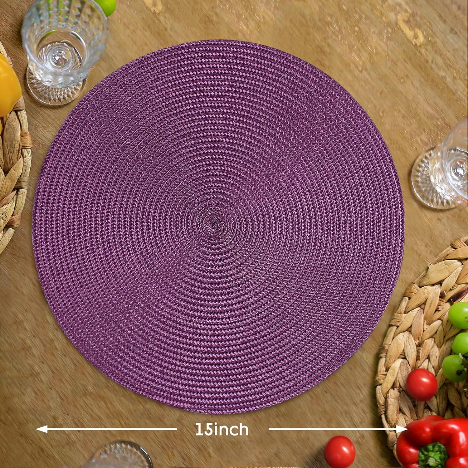 FunWheat Round Braided Placemats Set of 8 Table Mats for Dining Tables Woven Washable Non-Slip Place mats 15