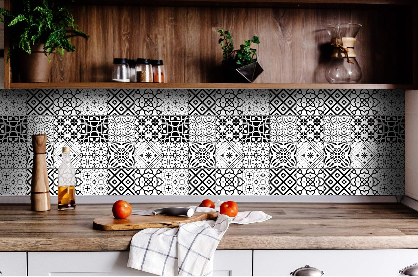 White Tile Stickers Peel and Stick Tile Stickers 24 PC Set backsplash Tile Decals / 4 x 4 / Black