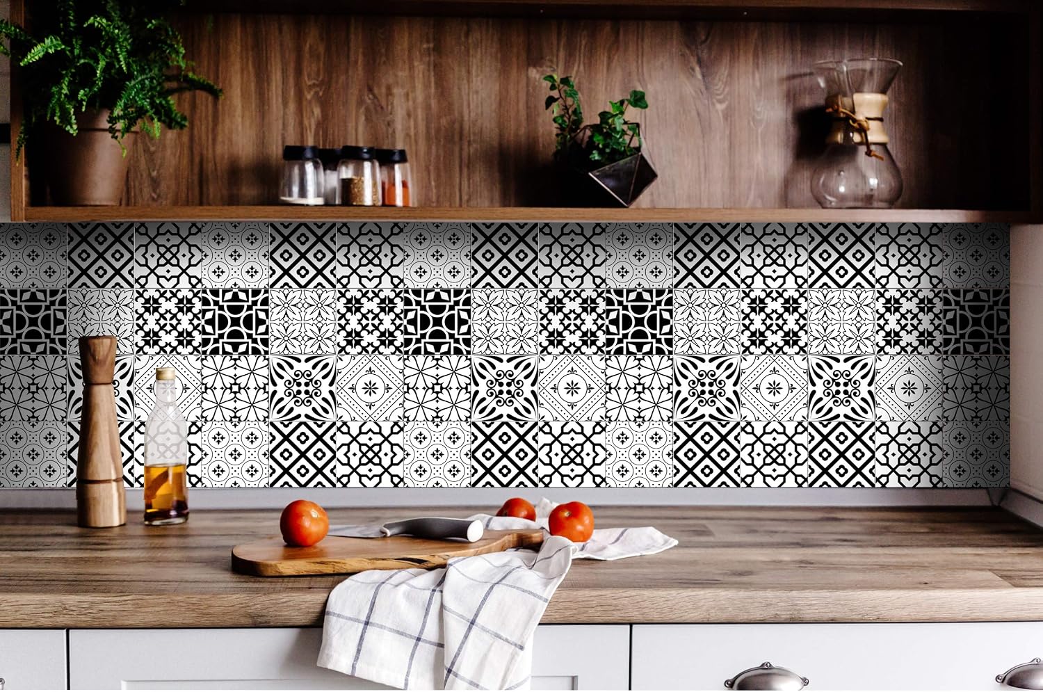 White Tile Stickers Peel and Stick Tile Stickers 24 PC Set backsplash Tile Decals / 4 x 4 / Black