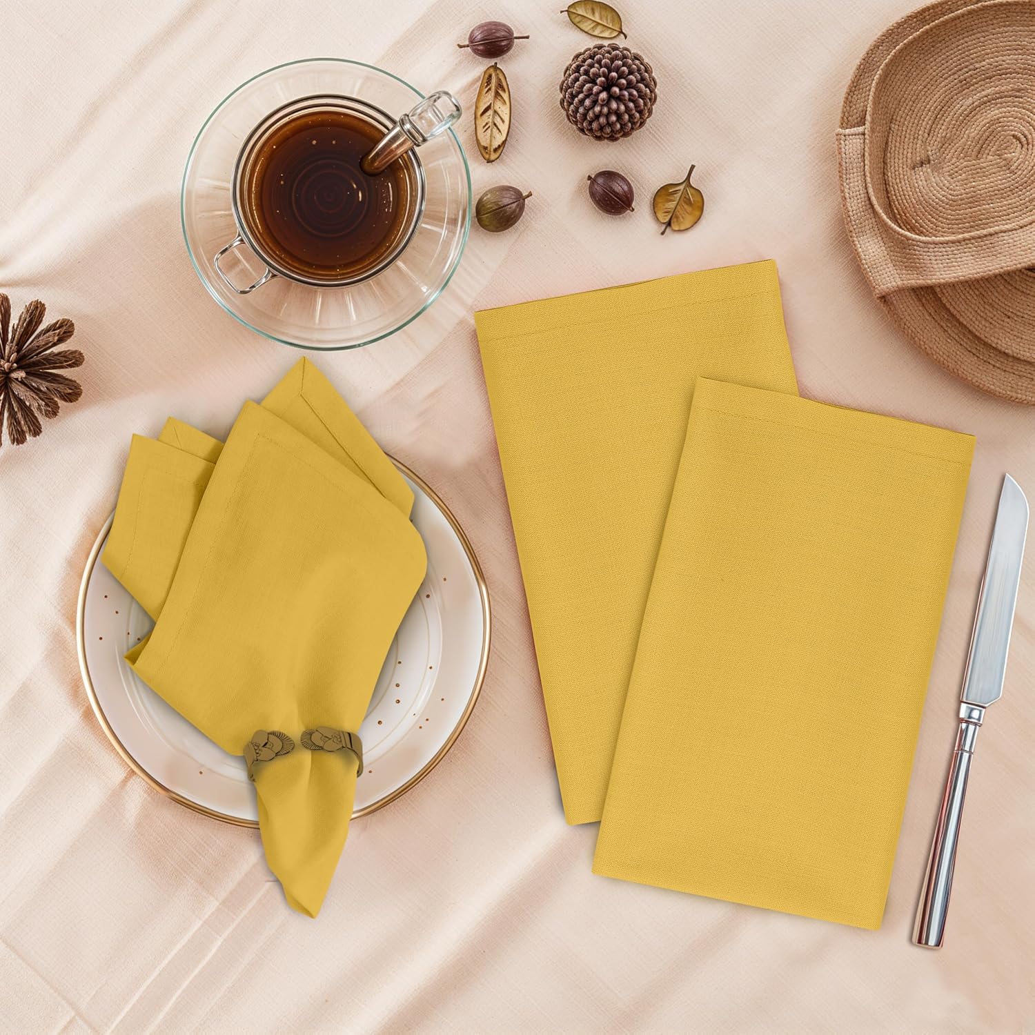 Ruvanti Cloth Napkins Set of 12, 100% Cotton 18”x18” - Spicy Mustard | Washable, Soft, Durable & Absorbent Everyday