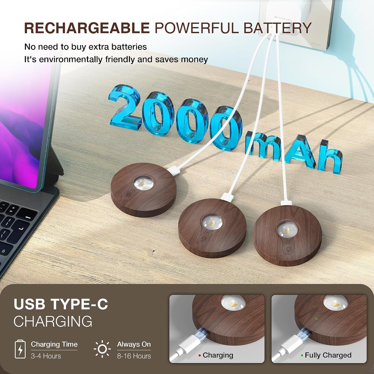 UNUSROOM Rechargeable Puck Lights with Remote Control,2000mAh High Capacity Battery Operated LED Under Cabinet