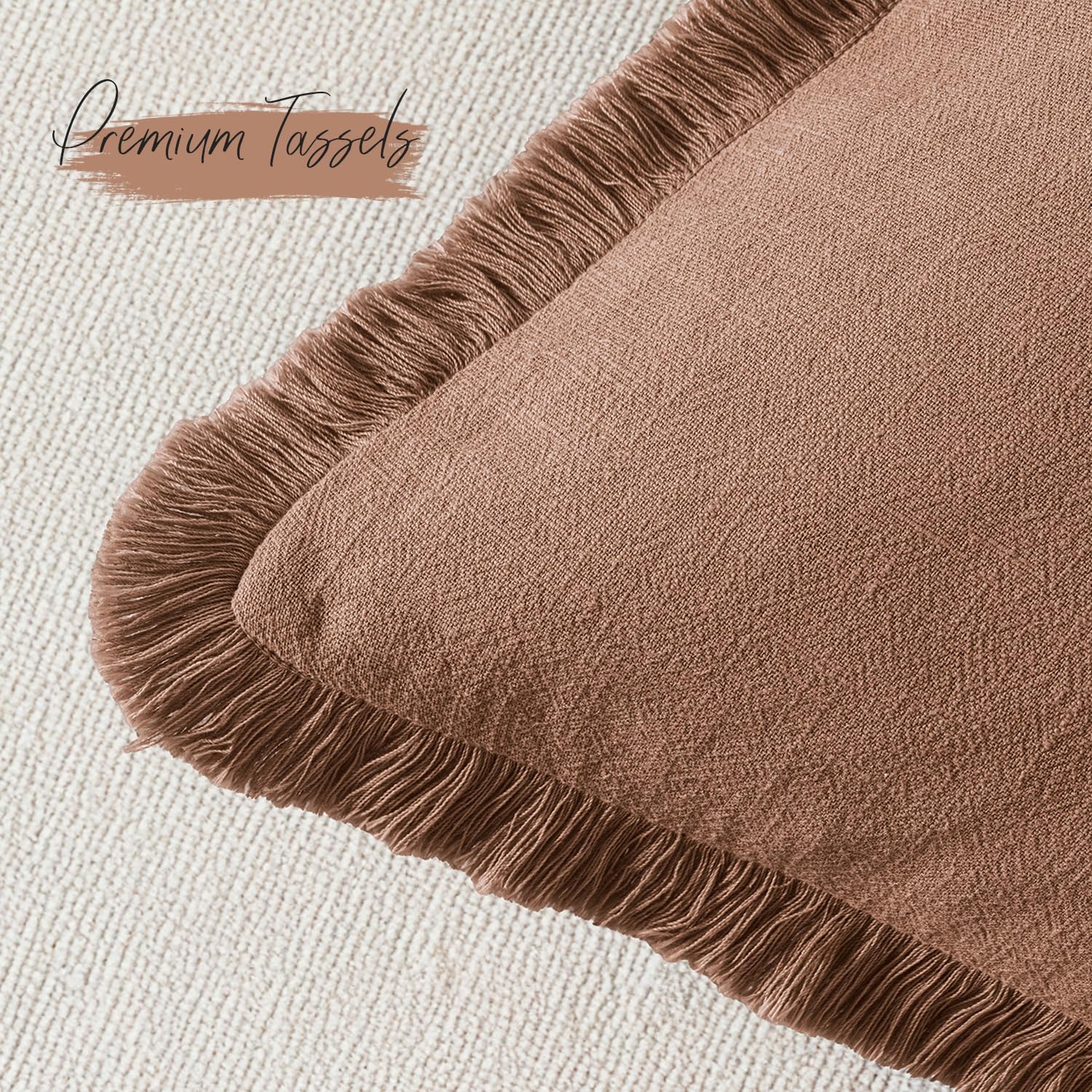 Decorative Linen Fringe Throw Pillow Covers Boho Farmhouse Soft Cushion / 20 x 20 / Brick / Set of 2