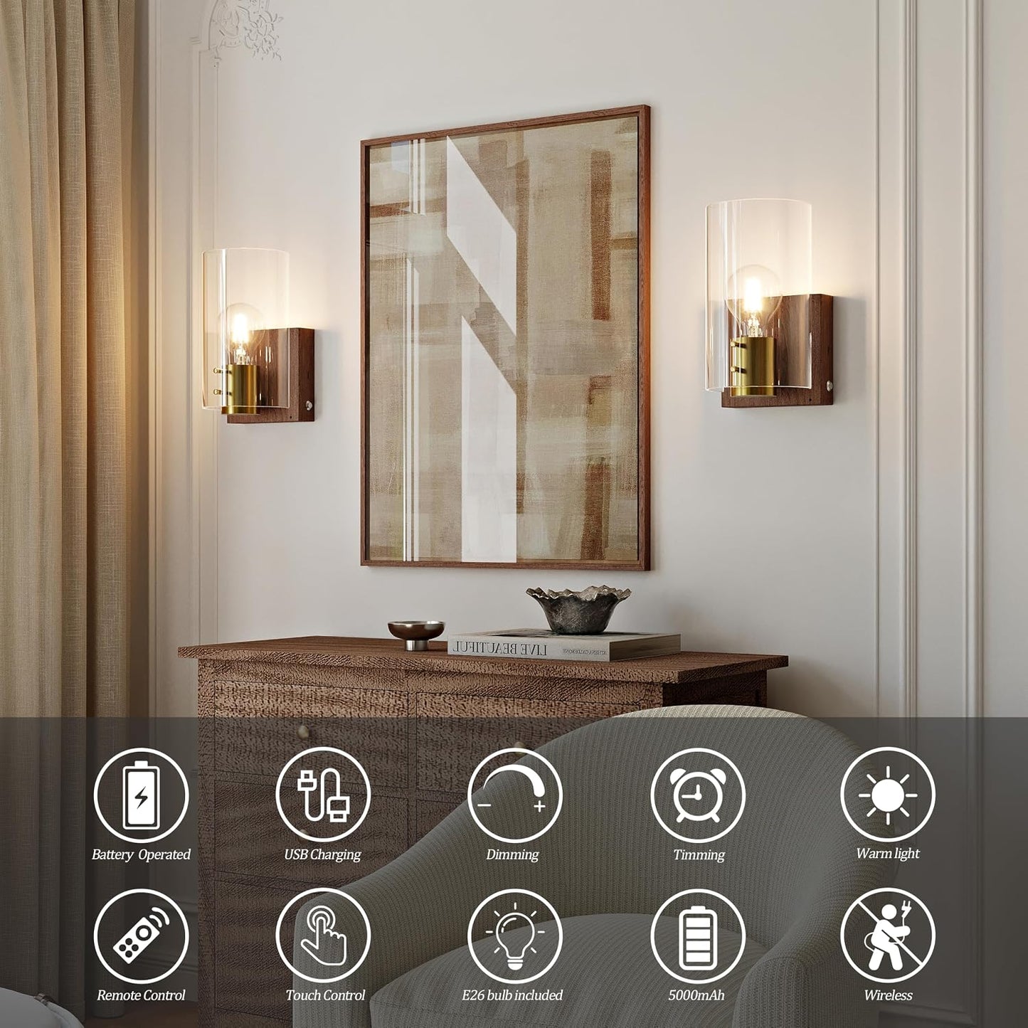 Modern Walnut Gold Battery Operated Wireless Wall Sconces Set of Two | Dimmable Rechargeable Wall Sconce with Remote