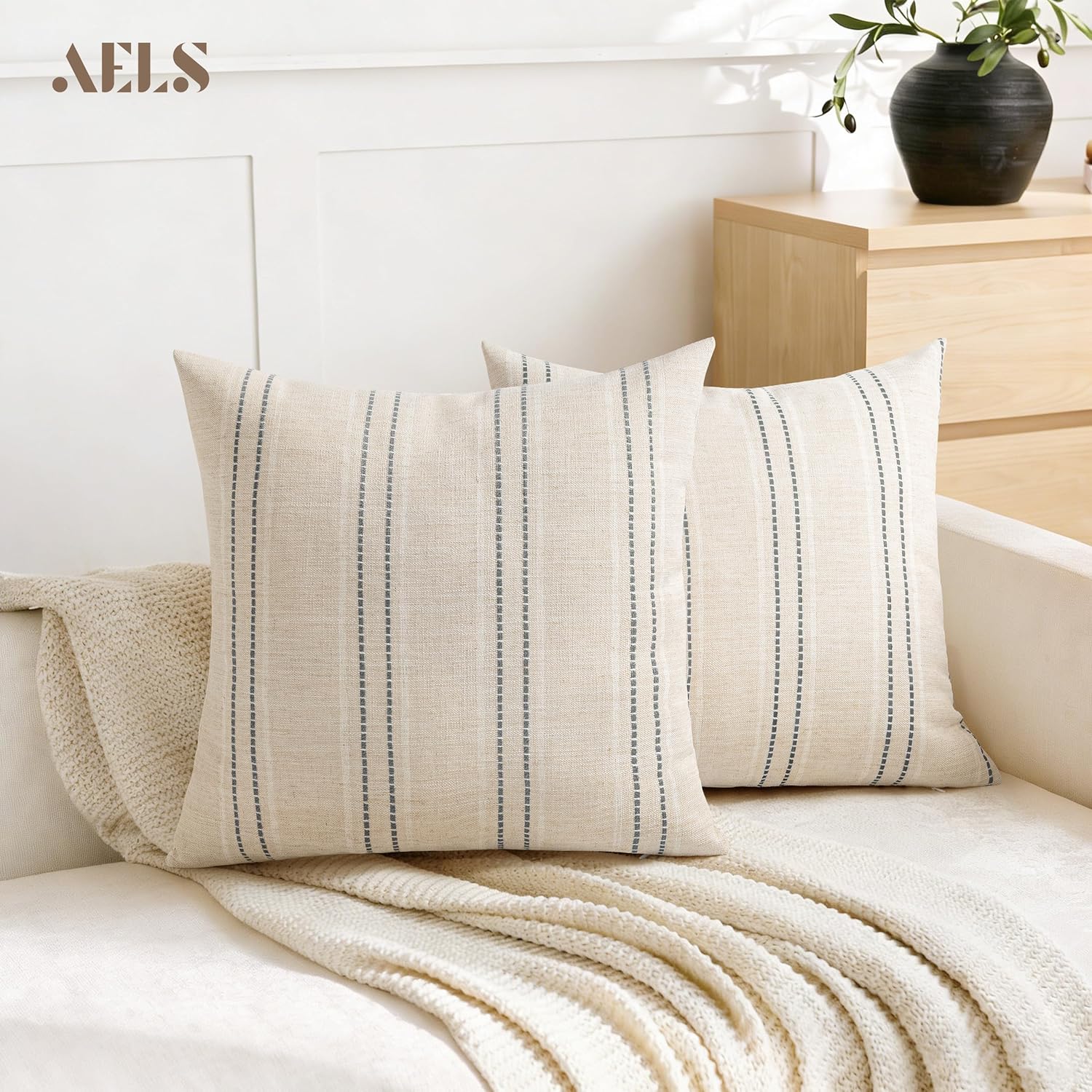 Boho Textured Pillow Case / Beige with White & Gray / 18 x 18 / Set of 2