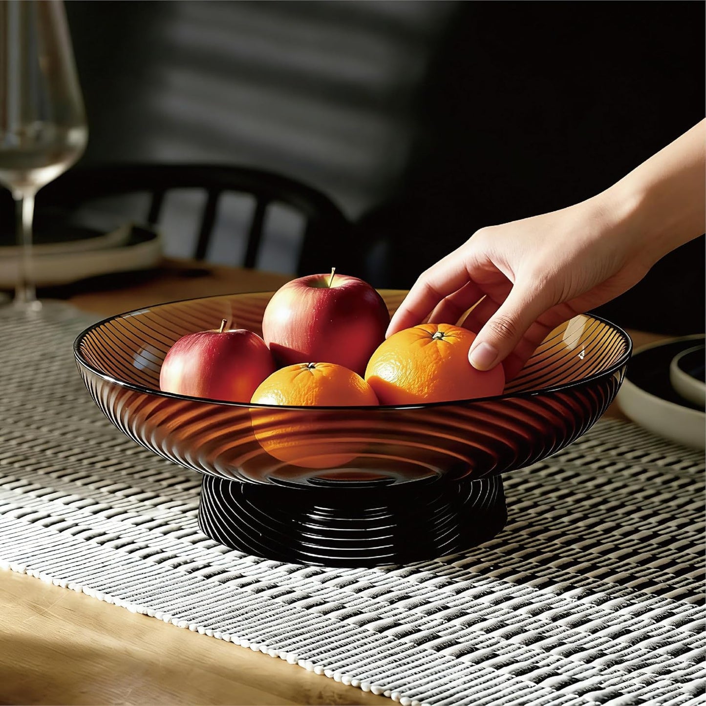 12" Ribbed Pedestal Decorative Bowl / Amber
