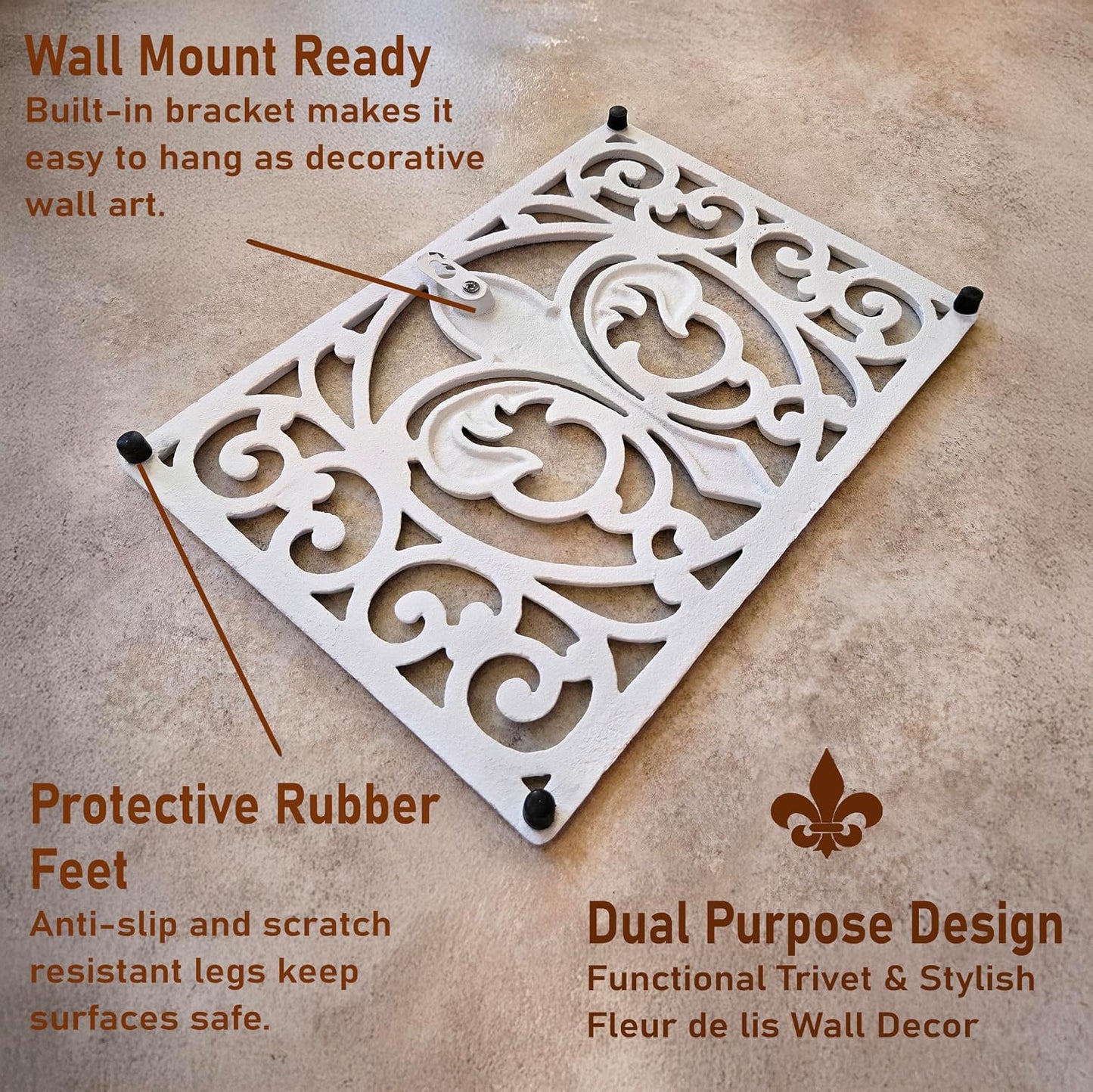 Lulu Decor, Cast Iron 13" x 9" Rectangle Fleur de lis Trivet Set of 2 pcs, for Hot Dishes or Pots - Durable Kitchen Mat