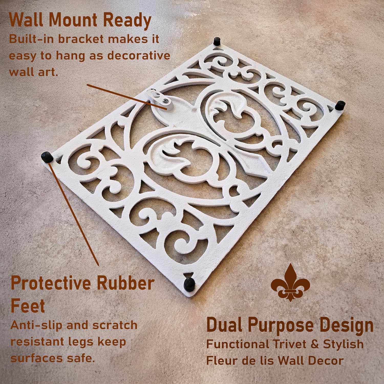 Lulu Decor, Cast Iron 13" x 9" Rectangle Fleur de lis Trivet Set of 2 pcs, for Hot Dishes or Pots - Durable Kitchen Mat