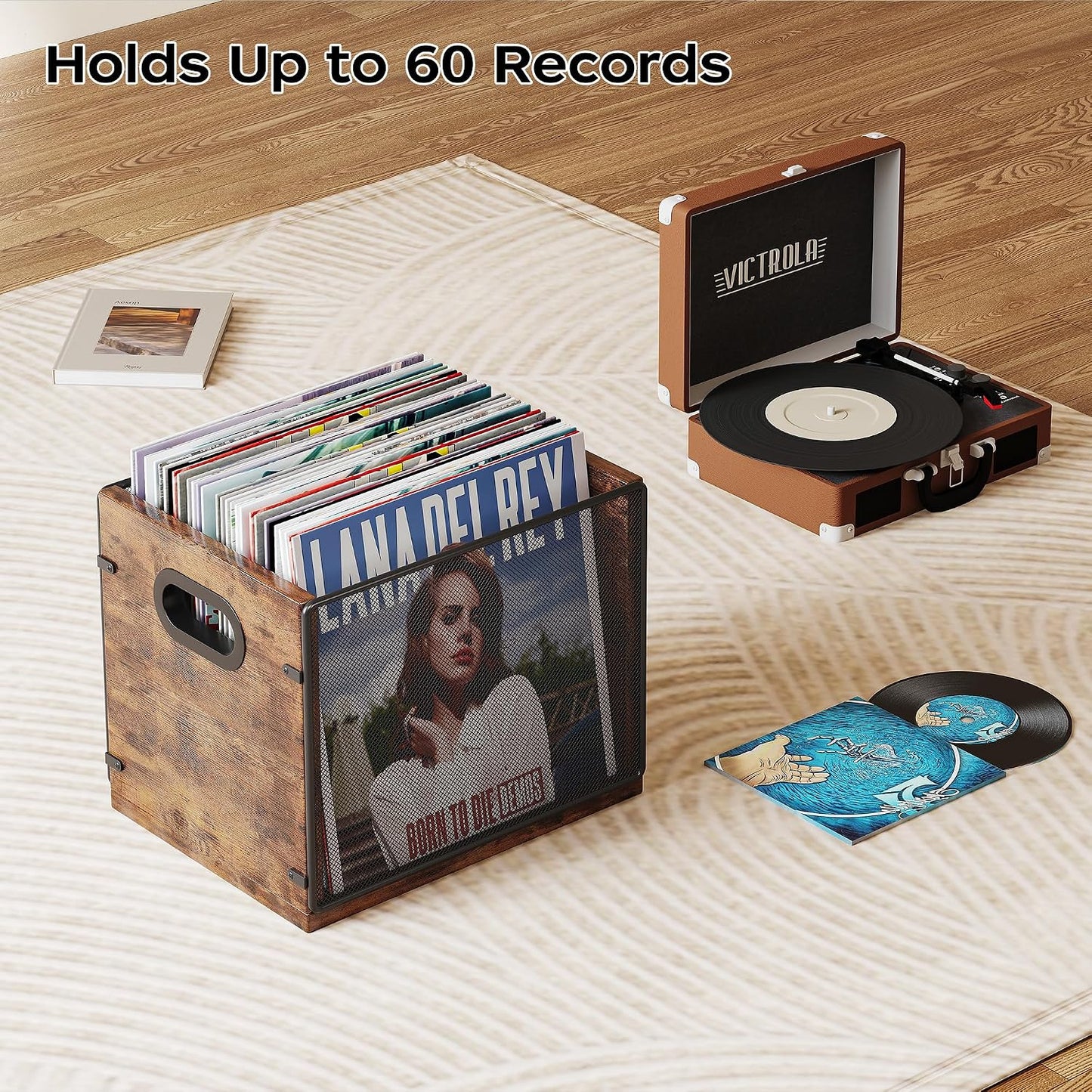Homeiju Wooden & Metal Record Crate - Vinyl Album Holder & Organizer, Holds Up to 60 Records
