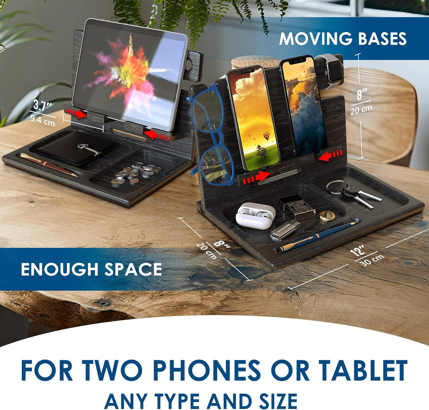 BarvA Two Phone Docking Station | Night Stand Desk Organizer | Wood Nightstand Organizer | Tablet Smart Watch Earbuds