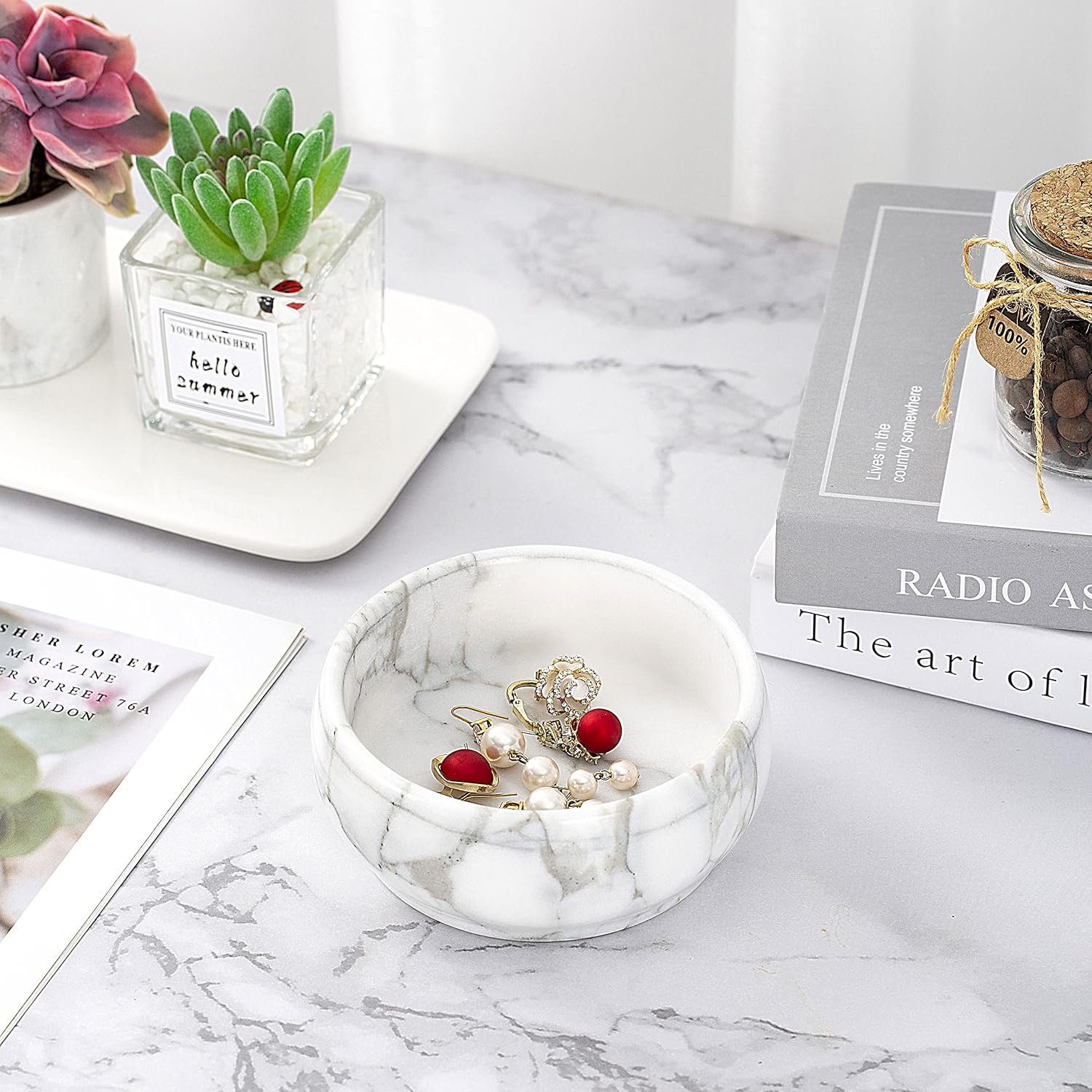 Rings Holder / Marble Jewelry Dish / White & Light-grey