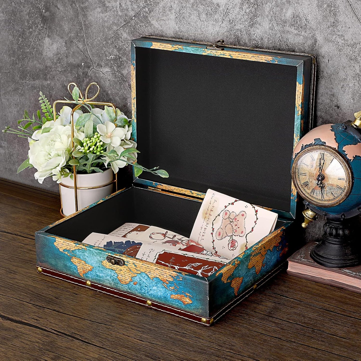 Wooden + PU Leather Storage Box for Jewelry Trinkets Photos / Green Map Pattern