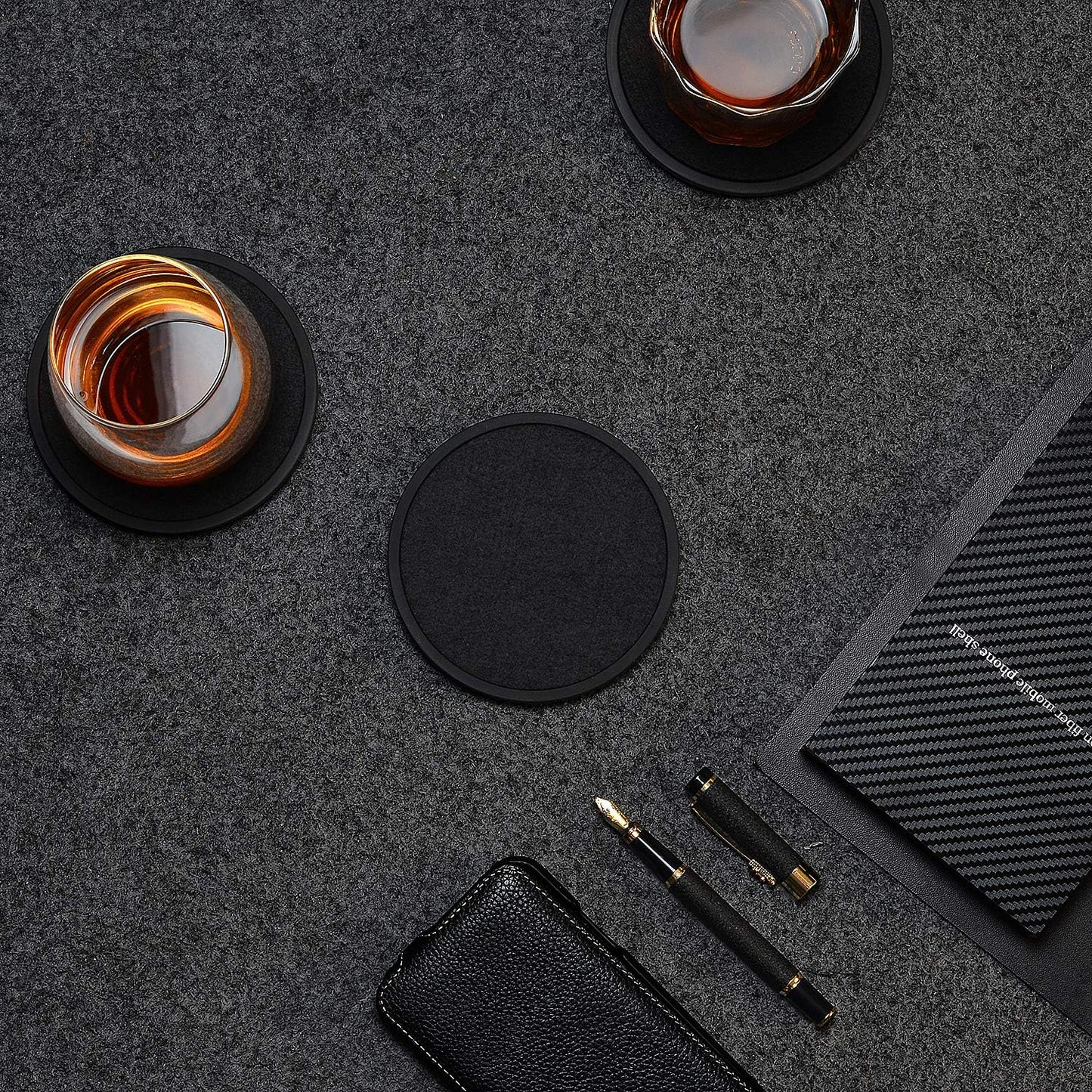 Holder / Soft Felt Insert / 4.3 Inch Coasters with 4.5 Inch Holder / Black