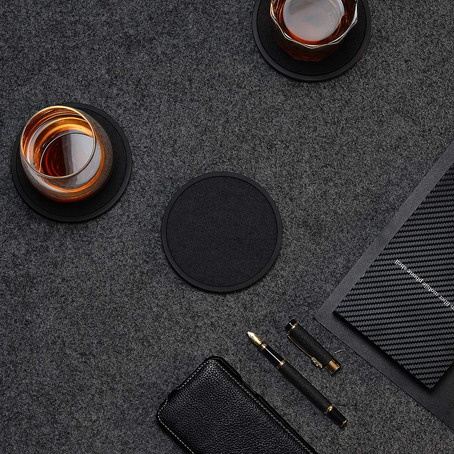 Holder / Soft Felt Insert / 4.3 Inch Coasters with 4.5 Inch Holder / Black