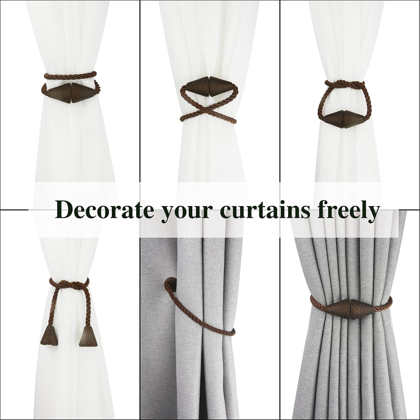 Magnetic Curtain Tiebacks Rope Decorative Holdbacks for Drapes Nieffeiy | 6 Pack Coffee Modern Handmade Curtain Tie