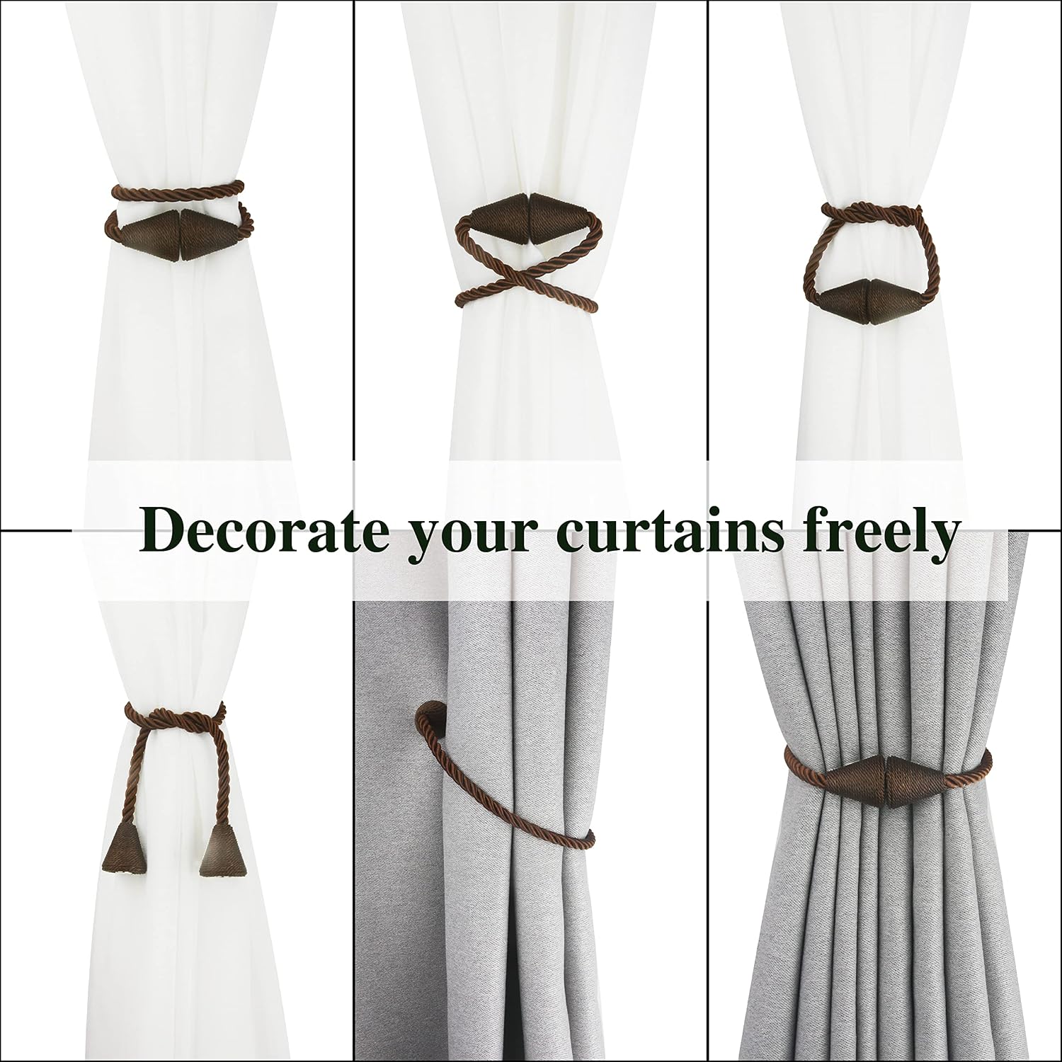 Magnetic Curtain Tiebacks Rope Decorative Holdbacks for Drapes Nieffeiy | 6 Pack Coffee Modern Handmade Curtain Tie