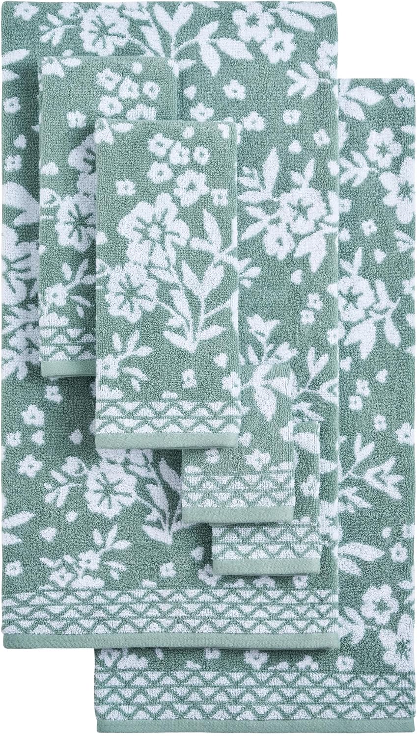 Lucky Brand Folk Floral 6 Piece Bath Towel Set - (2) Bath Towels, (2) Hand Towels, and (2) Washcloths - Iceberg Green