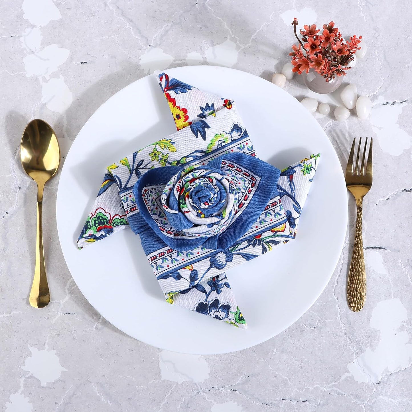 FINGERCRAFT Cloth Napkins Set of 12 Cotton Linen, 20x20 Inch, Blue Floral | Mitered corner, washable, soft, absorbent