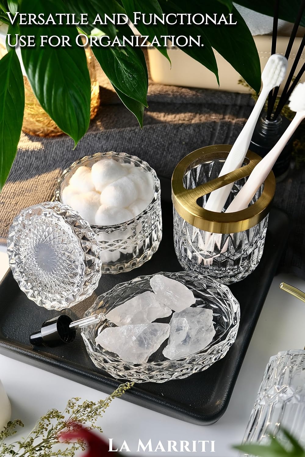 LaMarriti Clear Bathroom Accessories Set, 5pcs Crystal Glass Bathroom Set | Soap Dispenser, Toothbrush Holder Set, Soap