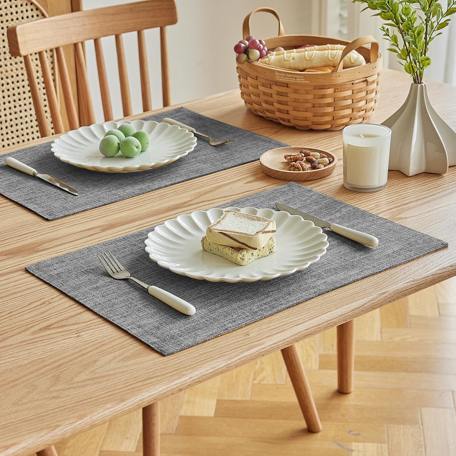 Softalker Faux Linen Cloth Placemats Set of 8-12 x 18 Inch, Light Grey | Double Layered Durable Burlap Farmhouse Place