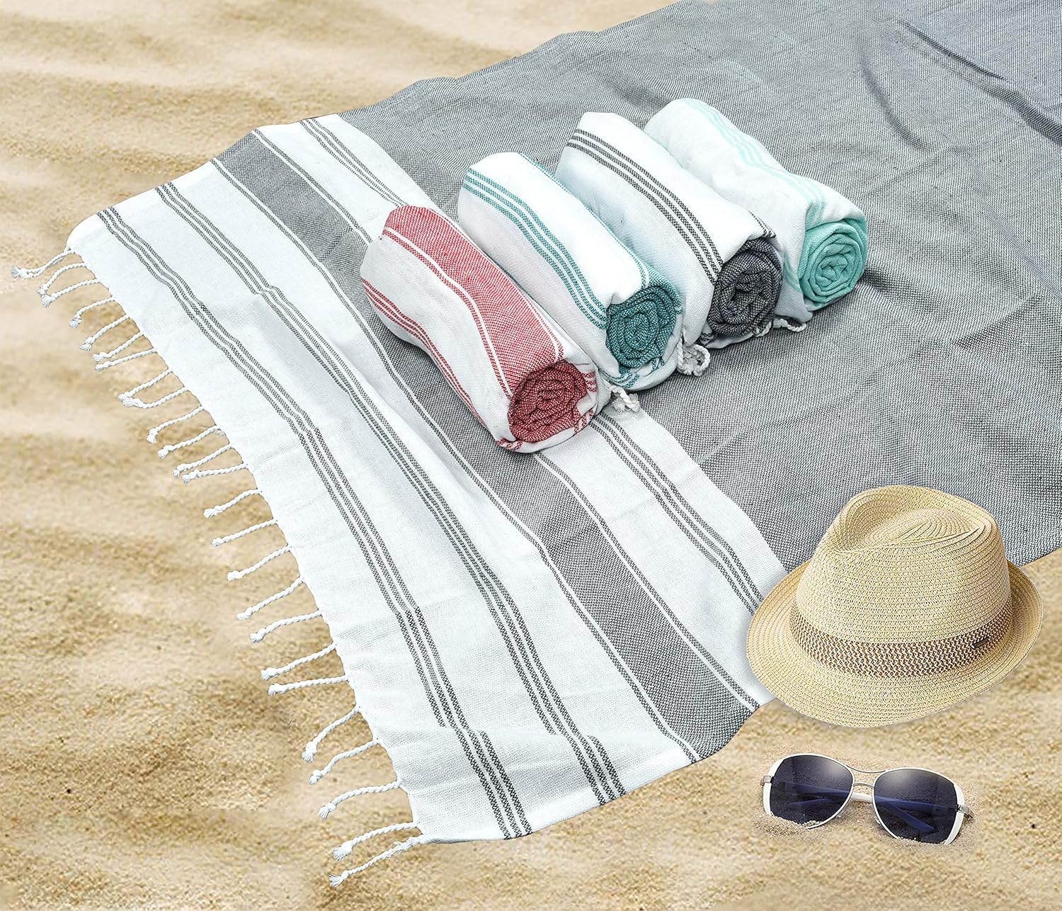 GLAMBURG Peshtemal Turkish Towel Cotton Beach Towels Oversized 36x71 Set of 4, Cotton Beach Towels for Adults, Soft