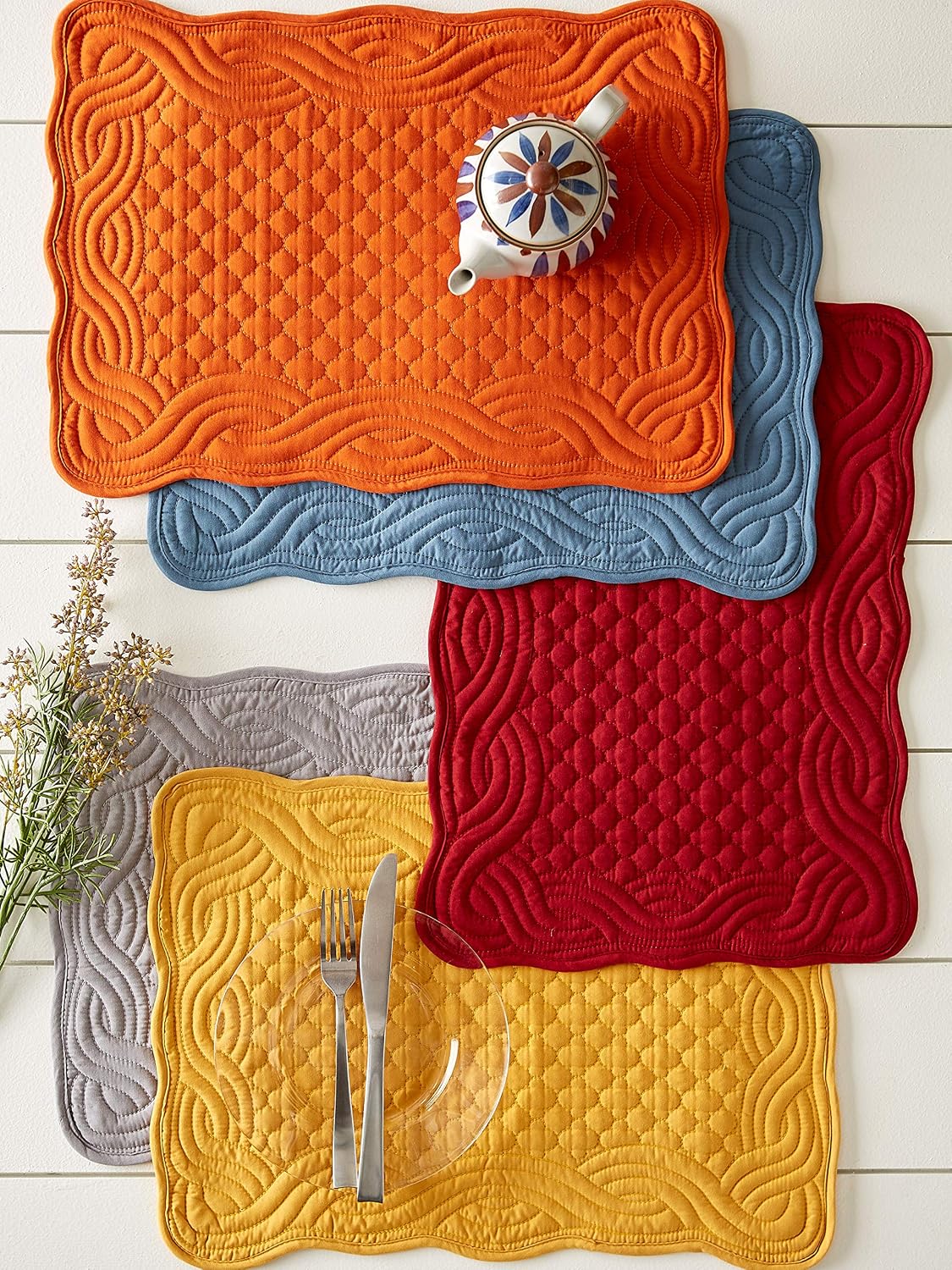 DII Quilted Farmhouse Collection Tabletop, Placemat Set, Pumpkin Spice, 6 Piece