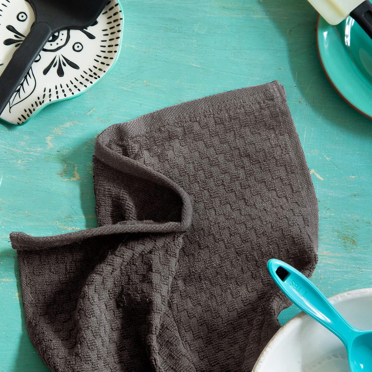 COTTON CRAFT Amazing Kitchen Towels - 8 Pack 100% Cotton Waffle Terry Towel | Charcoal - 16x28 Euro Café Waffle Weave
