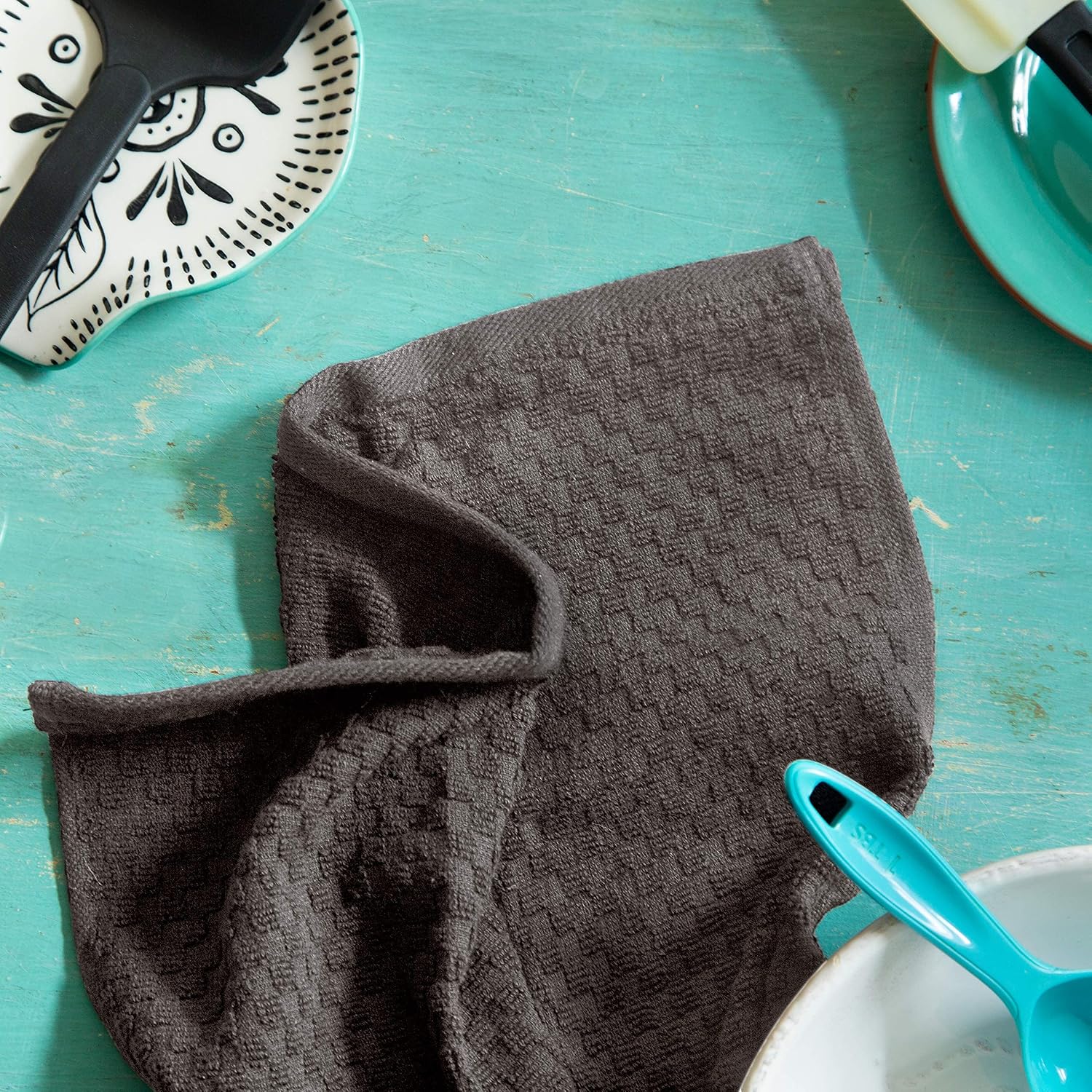 COTTON CRAFT Amazing Kitchen Towels - 8 Pack 100% Cotton Waffle Terry Towel | Charcoal - 16x28 Euro Café Waffle Weave