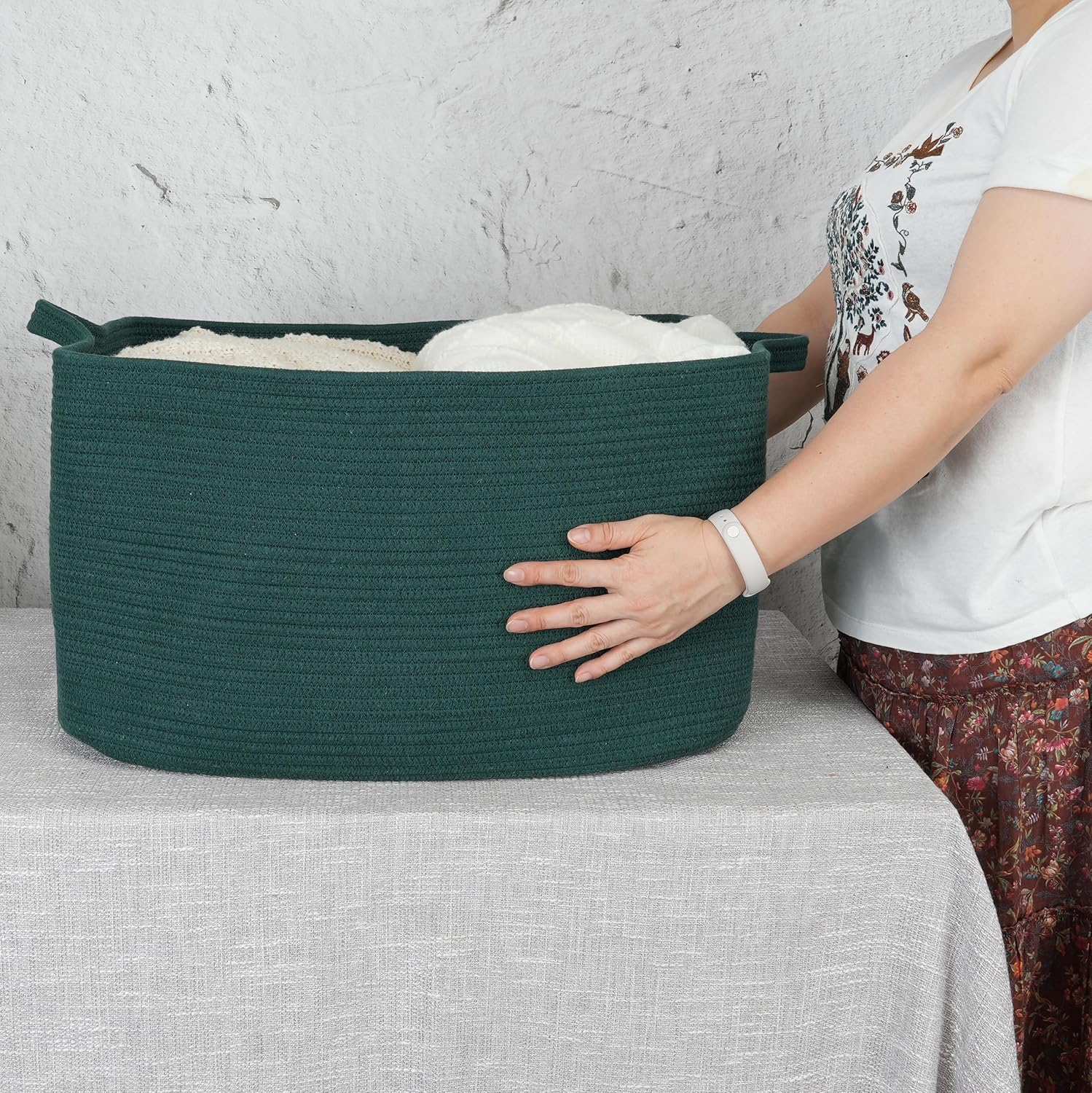 Large Rectangle Blankets Basket Living Room " Woven Cotton Rope Storage / Dark Green / 22 x 17 x 12