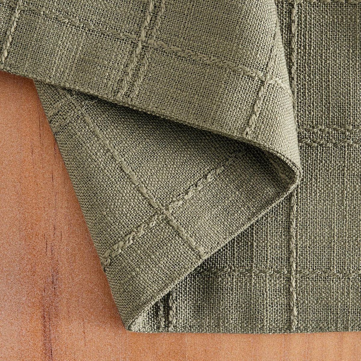 Linen Checked Farmhouse Placemats Set of 6, Olive 13x19in | Double Layer, Reversible, Thick Textured Table Mats, Raised