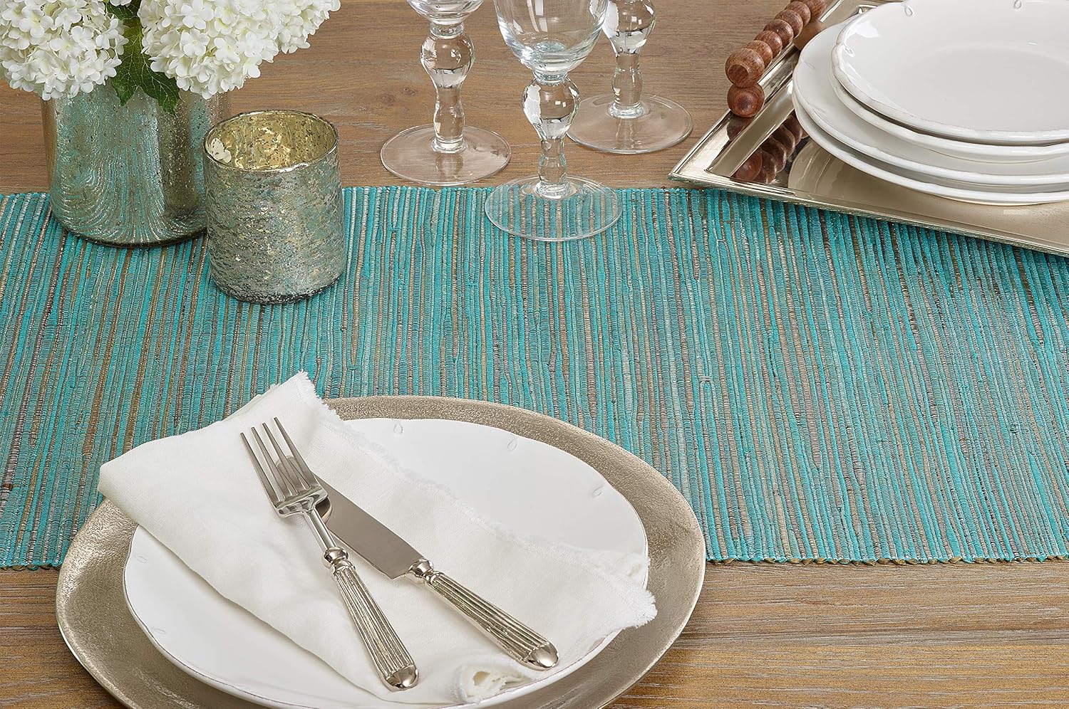 Saro Lifestyle Melaya Collection Shimmering Woven Nubby Table Runner, 14"x108", Turquoise