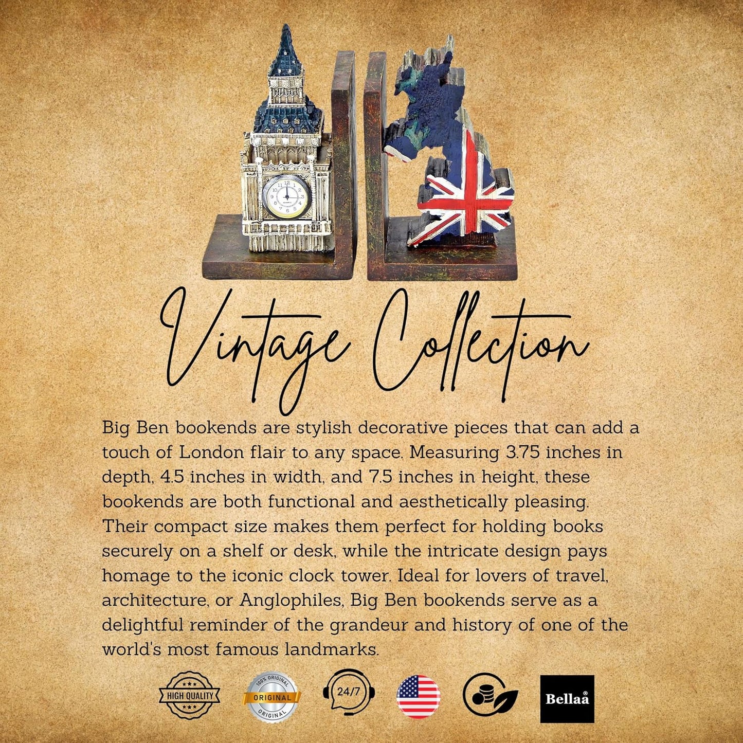 Big Ben Bookends / London Clock Tower UK Flag Decorative Book Ends