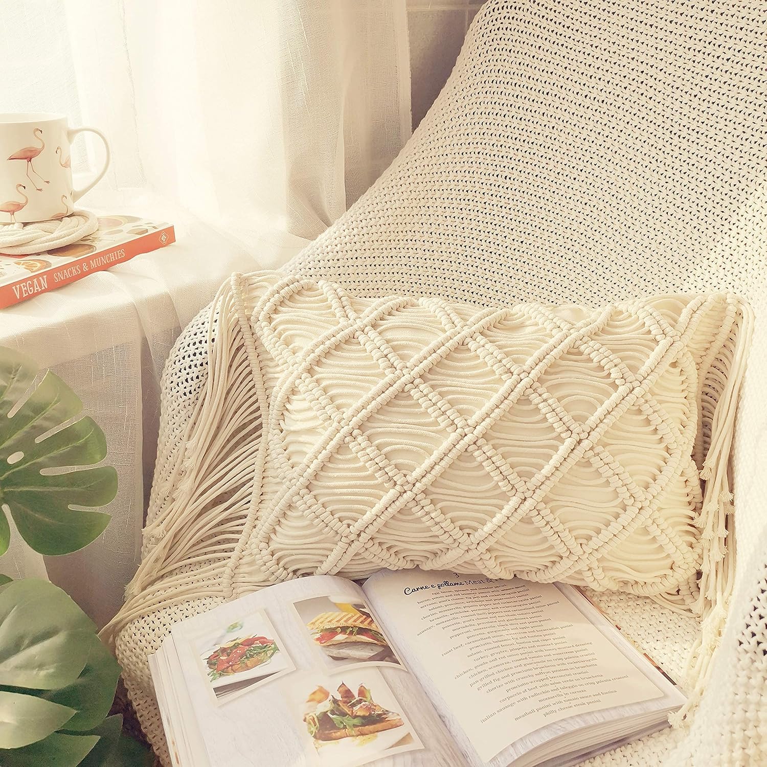 Macrame Lumbar Pillow Cover- Decorative Thorw Pillowcase Boho Tassel Cushion Covers / A / Set of 2