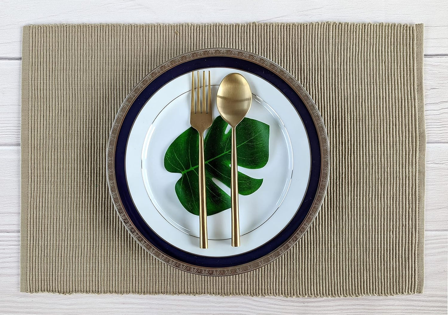 100% Cotton Ribbed Placemats - Set of 6-13 x 19 Inches - Beige - Everyday Cloth Table Mats - Thick Construction