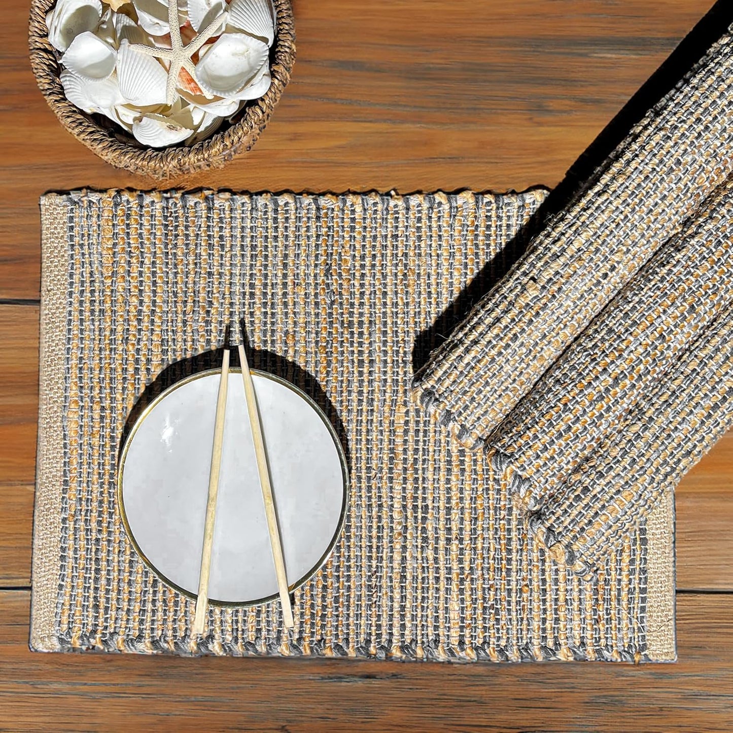 Natural Jute & Grey Placemats, Set of 4 – Rustic Handmade Boho Table Mats, 13x19 Inch Dining Table Placemats for
