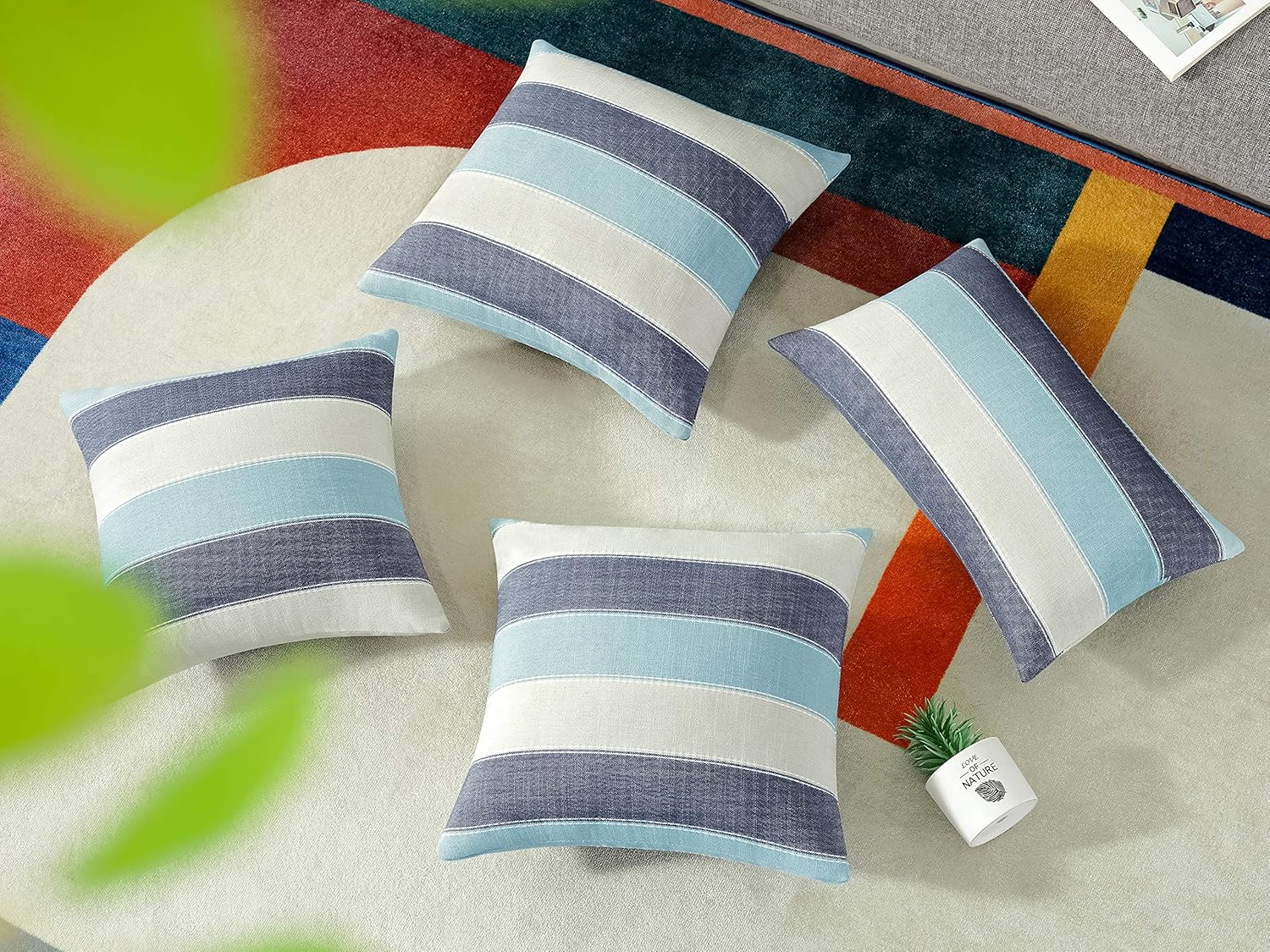 Farmhouse Stripe Check Throw Pillow Covers Set Case Cotton Linen / 18 x 18 / Blue Beige / Set of 2