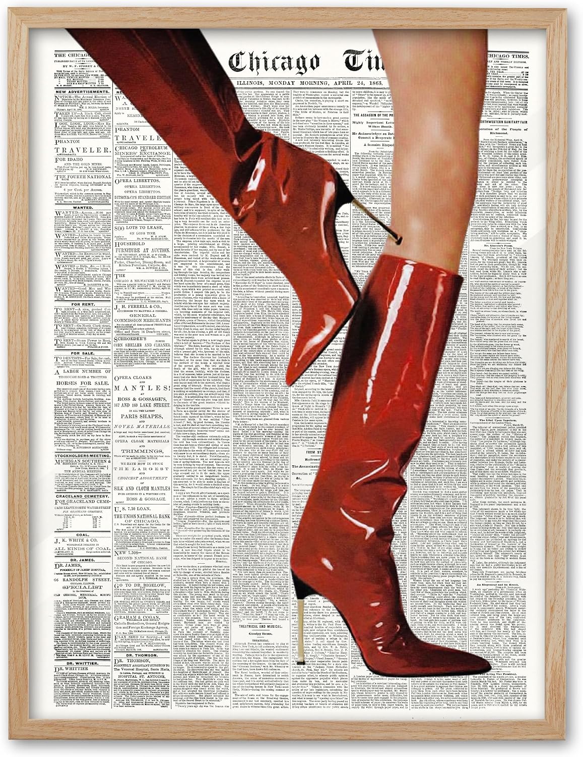 EcoHest 12x16 in Red Boots Newspaper Framed Wall Art